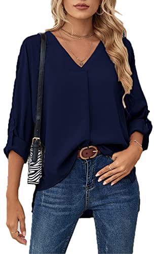 ASKSA Damen Bluse Chiffon Elegant V-Ausschnitt Langarm Hemd Business Casual Arbeit Oberteile Lose Langarmshirt Tops(Dunkelblau,M) von ASKSA