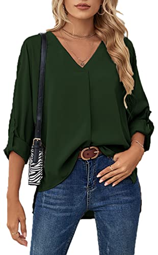 ASKSA Damen Bluse Chiffon Elegant V-Ausschnitt Langarm Hemd Business Casual Arbeit Oberteile Lose Langarmshirt Tops(Grün,L) von ASKSA