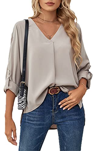 ASKSA Damen Bluse Chiffon Elegant V-Ausschnitt Langarm Hemd Business Casual Arbeit Oberteile Lose Langarmshirt Tops(Khaki,S) von ASKSA