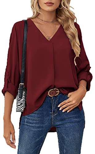 ASKSA Damen Bluse Chiffon Elegant V-Ausschnitt Langarm Hemd Business Casual Arbeit Oberteile Lose Langarmshirt Tops(Rotwein,L) von ASKSA