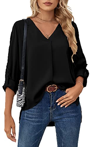 ASKSA Damen Bluse Chiffon Elegant V-Ausschnitt Langarm Hemd Business Casual Arbeit Oberteile Lose Langarmshirt Tops(Schwarz,XXL) von ASKSA