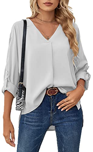 ASKSA Damen Bluse Chiffon Elegant V-Ausschnitt Langarm Hemd Business Casual Arbeit Oberteile Lose Langarmshirt Tops(Weiß,L) von ASKSA