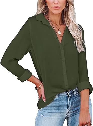 ASKSA Damen Bluse Langarm V-Ausschnitt Hemden Elegant Knöpfen Oberteile Casual Einfarbig Tunika Revers Langarmshirt (Armeegrün,S) von ASKSA