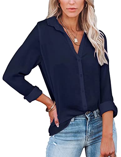 ASKSA Damen Bluse Langarm V-Ausschnitt Hemden Elegant Knöpfen Oberteile Casual Einfarbig Tunika Revers Langarmshirt (Dunkelblau,S) von ASKSA