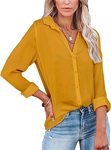 ASKSA Damen Bluse Langarm V-Ausschnitt Hemden Elegant Knöpfen Oberteile Casual Einfarbig Tunika Revers Langarmshirt (Gelb,L) von ASKSA