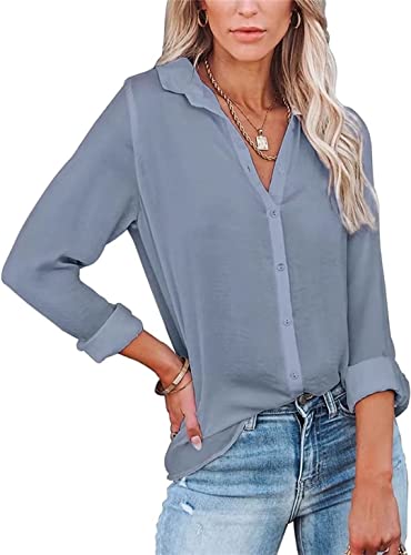 ASKSA Damen Bluse Langarm V-Ausschnitt Hemden Elegant Knöpfen Oberteile Casual Einfarbig Tunika Revers Langarmshirt (Grau,XL) von ASKSA