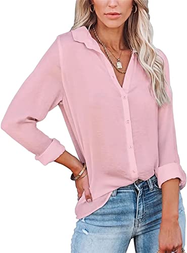 ASKSA Damen Bluse Langarm V-Ausschnitt Hemden Elegant Knöpfen Oberteile Casual Einfarbig Tunika Revers Langarmshirt (Rosa,XXL) von ASKSA