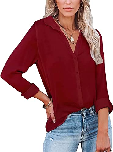 ASKSA Damen Bluse Langarm V-Ausschnitt Hemden Elegant Knöpfen Oberteile Casual Einfarbig Tunika Revers Langarmshirt (Weinrot,M) von ASKSA