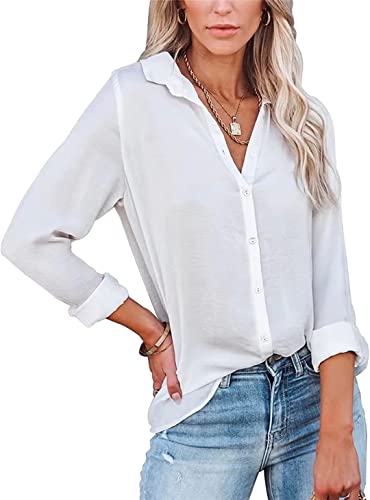 ASKSA Damen Bluse Langarm V-Ausschnitt Hemden Elegant Knöpfen Oberteile Casual Einfarbig Tunika Revers Langarmshirt (Weiß,S) von ASKSA