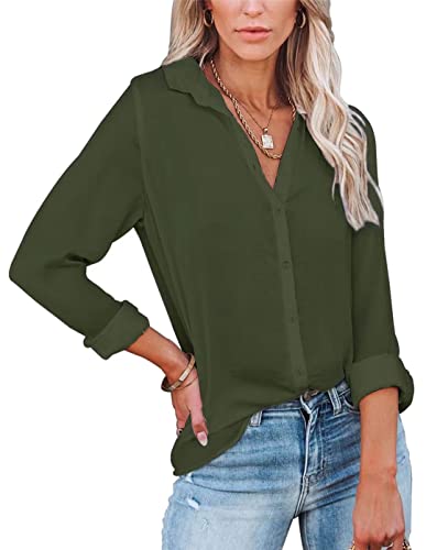 ASKSA Damen Bluse Langarm V-Ausschnitt Hemden Elegant Knöpfen Oberteile Casual Einfarbig Tunika Revers Langarmshirt(Armeegrün,XL) von ASKSA