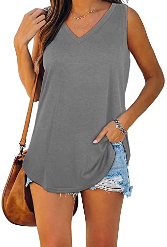 ASKSA Damen Bluse V-Ausschnitt Ärmellose Einfarbige T-Shirt Sommer Elegant Casual Loose Fit Tank Tops Shirt（Verpackung MEHRWEG） (Grau,M) von ASKSA