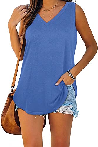 ASKSA Damen Bluse V-Ausschnitt Ärmellose Einfarbige T-Shirt Sommer Elegant Casual Loose Fit Tank Tops Shirt（Verpackung MEHRWEG） (Blau,L) von ASKSA
