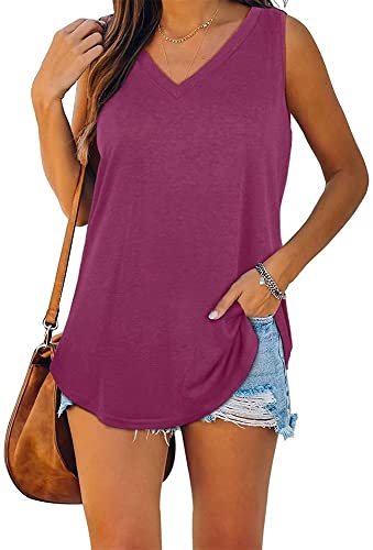 ASKSA Damen Bluse V-Ausschnitt Ärmellose Einfarbige T-Shirt Sommer Elegant Casual Loose Fit Tank Tops Shirt（Verpackung MEHRWEG） (Lila,L) von ASKSA