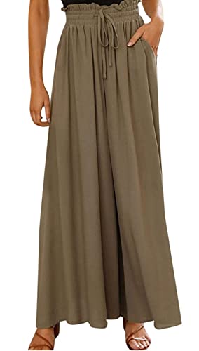 ASKSA Damen Breites Bein Hose Sommer Hohe Waist Plissee Hosen Elegante Einfarbig Leicht Hosenrock Sommerhose mit Tasche Freizeithose (Armeegrün,L) von ASKSA