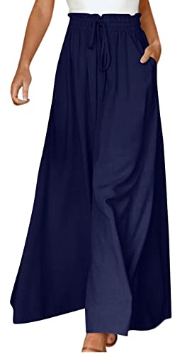 ASKSA Damen Breites Bein Hose Sommer Hohe Waist Plissee Hosen Elegante Einfarbig Leicht Hosenrock Sommerhose mit Tasche Freizeithose (Dunkelblau,L) von ASKSA