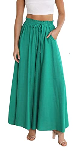 ASKSA Damen Breites Bein Hose Sommer Hohe Waist Plissee Hosen Elegante Einfarbig Leicht Hosenrock Sommerhose mit Tasche Freizeithose (Grün,L) von ASKSA