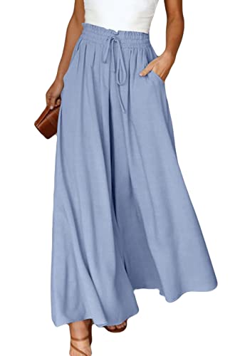 ASKSA Damen Breites Bein Hose Sommer Hohe Waist Plissee Hosen Elegante Einfarbig Leicht Hosenrock Sommerhose mit Tasche Freizeithose (Hellblau,L) von ASKSA