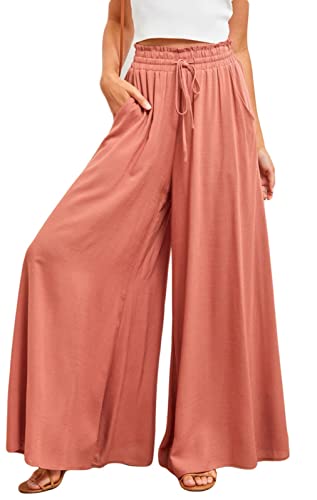 ASKSA Damen Breites Bein Hose Sommer Hohe Waist Plissee Hosen Elegante Einfarbig Leicht Hosenrock Sommerhose mit Tasche Freizeithose (Rot,L) von ASKSA