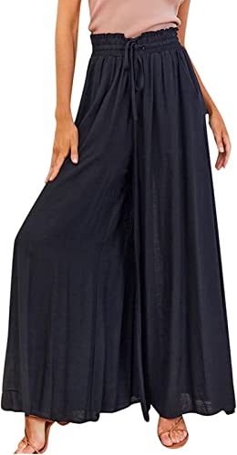 ASKSA Damen Breites Bein Hose Sommer Hohe Waist Plissee Hosen Elegante Einfarbig Leicht Hosenrock Sommerhose mit Tasche Freizeithose (Schwarz,S) von ASKSA