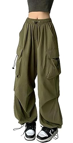 ASKSA Damen Cargohose Baggy Weites Bein Hose Y2K Track Pants Vintage Elastische Hohe Taille Freizeithose mit Taschen (Grün-a, L) von ASKSA