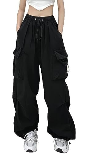 ASKSA Damen Cargohose Baggy Weites Bein Hose Y2K Track Pants Vintage Elastische Hohe Taille Freizeithose mit Taschen (Schwarz-a, M) von ASKSA