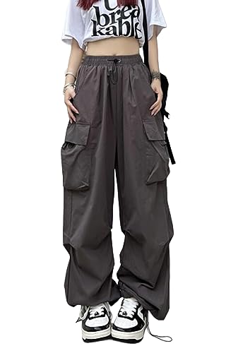 ASKSA Damen Cargohose Baggy Weites Bein Hose Y2K Track Pants Vintage Hohe Taille Elastische Freizeithose mit Taschen (Grau,L) von ASKSA