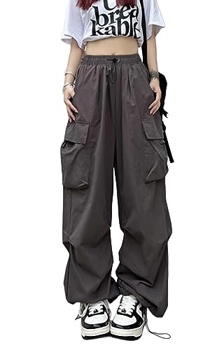 ASKSA Damen Cargohose Baggy Weites Bein Hose Y2K Track Pants Vintage Hohe Taille Elastische Freizeithose mit Taschen (Grau,XXL) von ASKSA