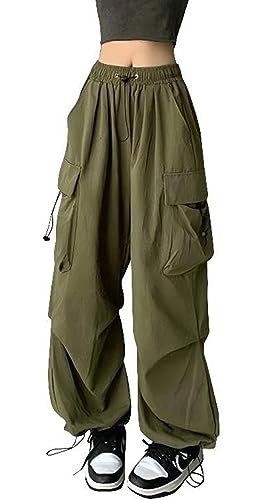 ASKSA Damen Cargohose Baggy Weites Bein Hose Y2K Track Pants Vintage Hohe Taille Elastische Freizeithose mit Taschen (Grün,M) von ASKSA