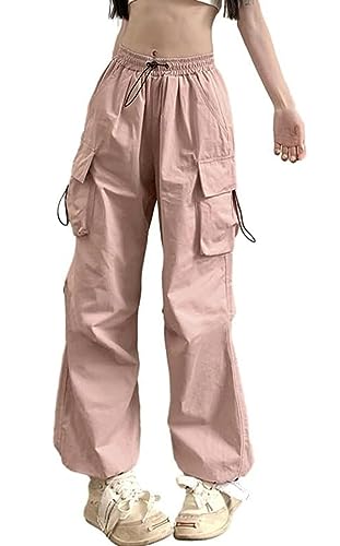 ASKSA Damen Cargohose Baggy Weites Bein Hose Y2K Track Pants Vintage Hohe Taille Elastische Freizeithose mit Taschen (Rosa,M) von ASKSA