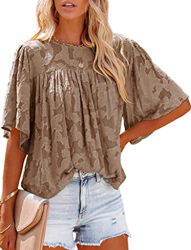 ASKSA Damen Chiffon Bluse 3/4 Glockenärmel Tunika Elegant Spitzenoberteile Lose Sommer Hemd Tops Rundhals Babydoll Shirts Oberteile(Braun,S) von ASKSA