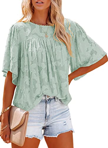 ASKSA Damen Chiffon Bluse 3/4 Glockenärmel Tunika Elegant Spitzenoberteile Lose Sommer Hemd Tops Rundhals Babydoll Shirts Oberteile(Grün,XL) von ASKSA