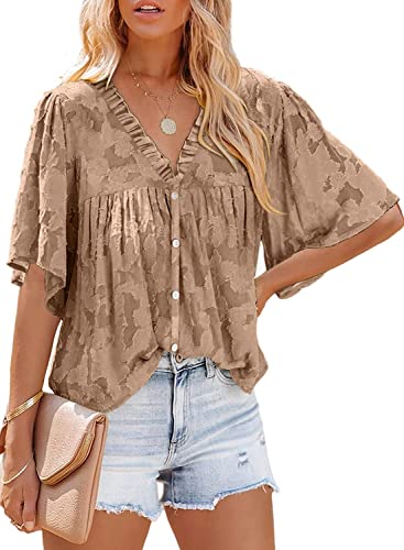 ASKSA Damen Chiffon Bluse 3/4 Glockenärmel Tunika Sommer Knöpfen Hemd Tops Babydoll Lose Oberteile (Khaki,L) von ASKSA