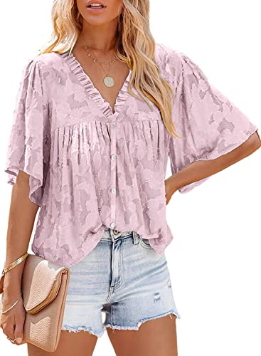 ASKSA Damen Chiffon Bluse 3/4 Glockenärmel Tunika Sommer Knöpfen Hemd Tops Babydoll Lose Oberteile (Rosa,XXL) von ASKSA