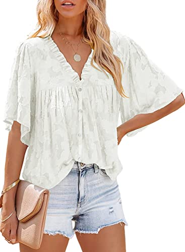 ASKSA Damen Chiffon Bluse 3/4 Glockenärmel Tunika Sommer Knöpfen Hemd Tops Babydoll Lose Oberteile (Weiß,L) von ASKSA