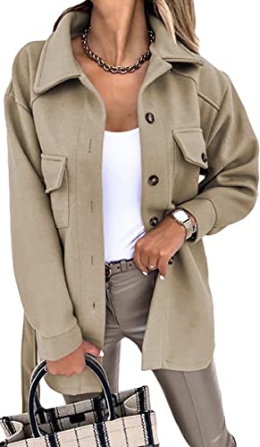 ASKSA Damen Einreihige Hemdjacke Cabanjacke Tweedjacke Knopf Jacke Mantel Revers Warm Winterjacke Langarm Strickjacke Coat Einfarbige Outwear mit Gürtel(Khaki,L) von ASKSA