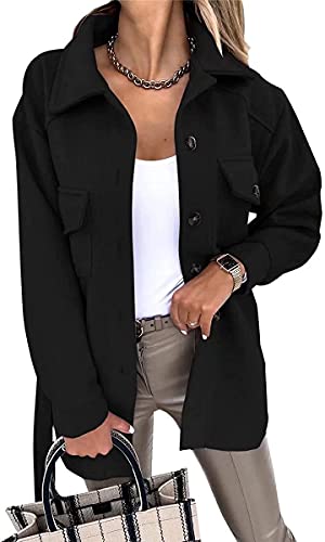ASKSA Damen Einreihige Hemdjacke Cabanjacke Tweedjacke Knopf Jacke Mantel Revers Warm Winterjacke Langarm Strickjacke Coat Einfarbige Outwear mit Gürtel(Schwarz,XL) von ASKSA