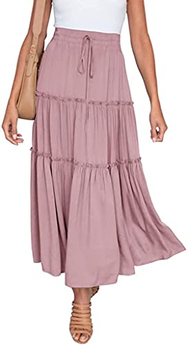 ASKSA Damen Elegant Maxirock Elastische Hohe Waist Rock A-Linie Ruffle Hem Kordelzug Swing Maxi Skirt (Rosa,S) von ASKSA