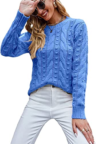 ASKSA Damen Elegant Pullover Casual Langarm Strickpullover Grobstrick Pulli Sweatshirt Oberteile (Blau,M) von ASKSA