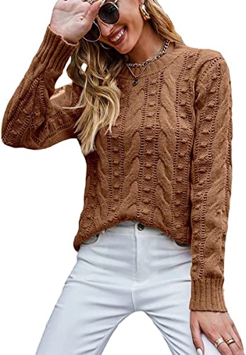 ASKSA Damen Elegant Pullover Casual Langarm Strickpullover Grobstrick Pulli Sweatshirt Oberteile (Braun,M) von ASKSA