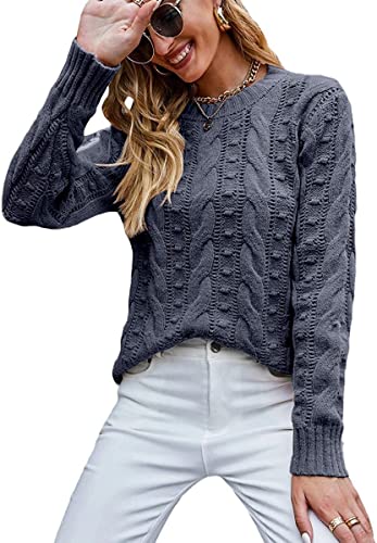 ASKSA Damen Elegant Pullover Casual Langarm Strickpullover Grobstrick Pulli Sweatshirt Oberteile (Dunkelgrau,L) von ASKSA