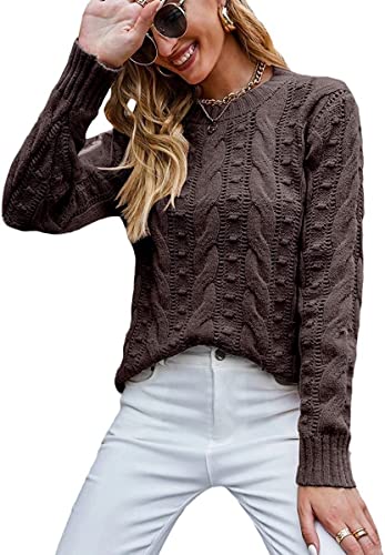 ASKSA Damen Elegant Pullover Casual Langarm Strickpullover Grobstrick Pulli Sweatshirt Oberteile (Kaffee,L) von ASKSA