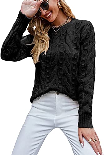 ASKSA Damen Elegant Pullover Casual Langarm Strickpullover Grobstrick Pulli Sweatshirt Oberteile (Schwarz,M) von ASKSA