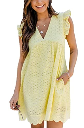 ASKSA Damen Elegant Rüschen Kleider Integriertem Shorts Sommer V-Ausschnitt Minikleid Freizeit Kleid mit Taschen (Gelb,S) von ASKSA