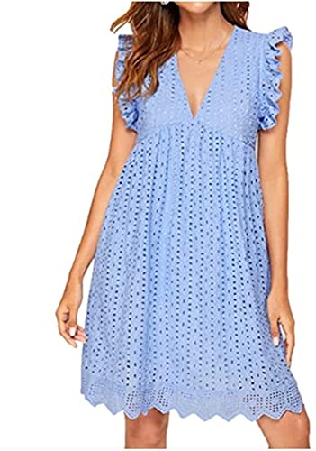 ASKSA Damen Elegant Rüschen Kleider Integriertem Shorts Sommer V-Ausschnitt Minikleid Freizeit Kleid mit Taschen (Hellblau,S) von ASKSA