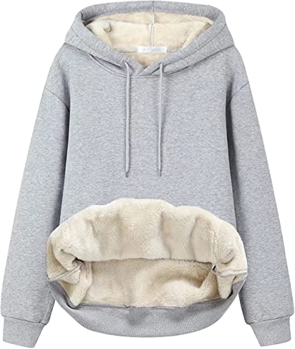 ASKSA Damen Fleece Kapuzenpullover Pullover Plüsch Hoodie Sweatshirt Lammhaar Futter Pulli Oversized Sherpa Dicker Oberteil mit Taschen(Grau,L) von ASKSA