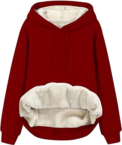 ASKSA Damen Fleece Kapuzenpullover Pullover Plüsch Hoodie Sweatshirt Lammhaar Futter Pulli Oversized Sherpa Dicker Oberteil mit Taschen(Rot,M) von ASKSA