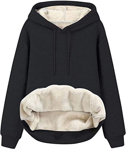 ASKSA Damen Fleece Kapuzenpullover Pullover Plüsch Hoodie Sweatshirt Lammhaar Futter Pulli Oversized Sherpa Dicker Oberteil mit Taschen(Schwarz,S) von ASKSA