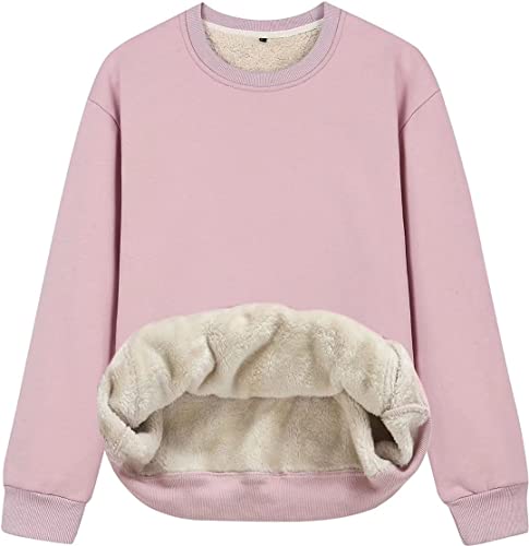 ASKSA Damen Fleece Sweatshirt Plüsch Pullover Lammhaar Futter Oversize Dicker Pulli Sherpa Warmer Langarm Oberteil(Rosa,L) von ASKSA