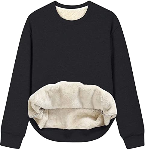 ASKSA Damen Fleece Sweatshirt Plüsch Pullover Lammhaar Futter Oversize Dicker Pulli Sherpa Warmer Langarm Oberteil(Schwarz,M) von ASKSA