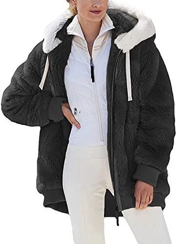 ASKSA Damen Fleecejacke Plüschjacke Fuzzy Kapuzenjacke Strickjacke Offene Front Mantel Reißverschluss Fleece Einfarbig Kunstpelzjacke mit kapuze(Schwarz,XL) von ASKSA